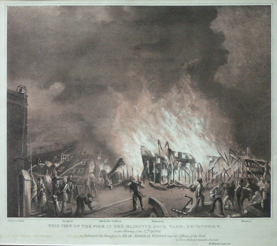 Lithograph - This view of the Fire in Her Majesty's Dock Yard Devonport on the Morning of the 27th Sept 1840 - Hainsselin